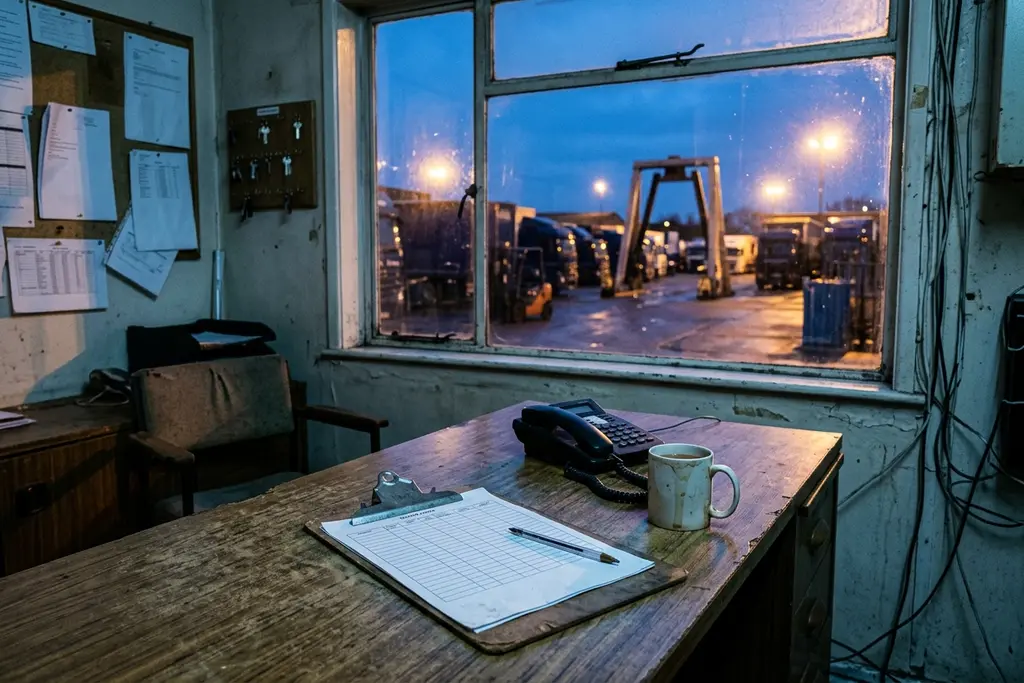 Transport office desk at shift change, with a printed rota, clipboard and depot window
