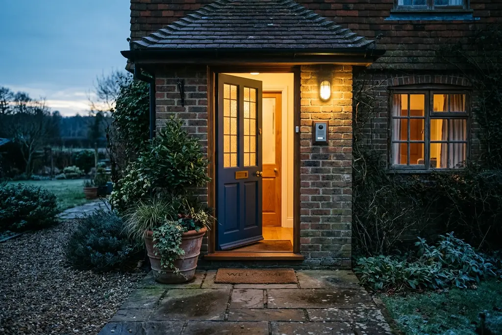 Care home front door and intercom at dawn, the entrance a new starter arrives at