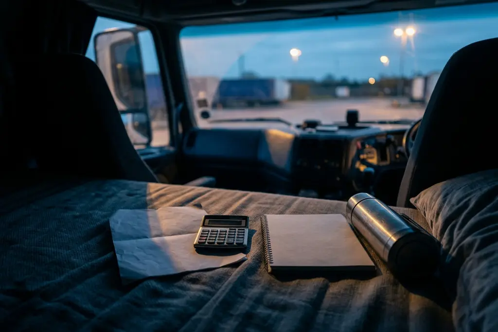 Payslip and calculator on a lorry cab bunk, alongside a flask and log book