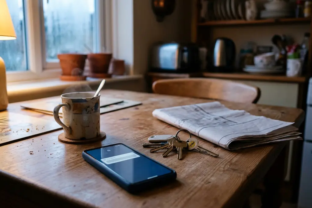 Phone on a kitchen table at dawn showing a new email, beside a mug and house keys