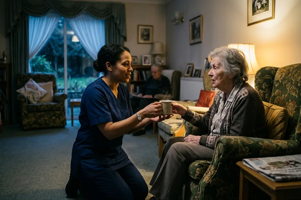 Care assistant helping a resident with a cup of tea in a care home lounge