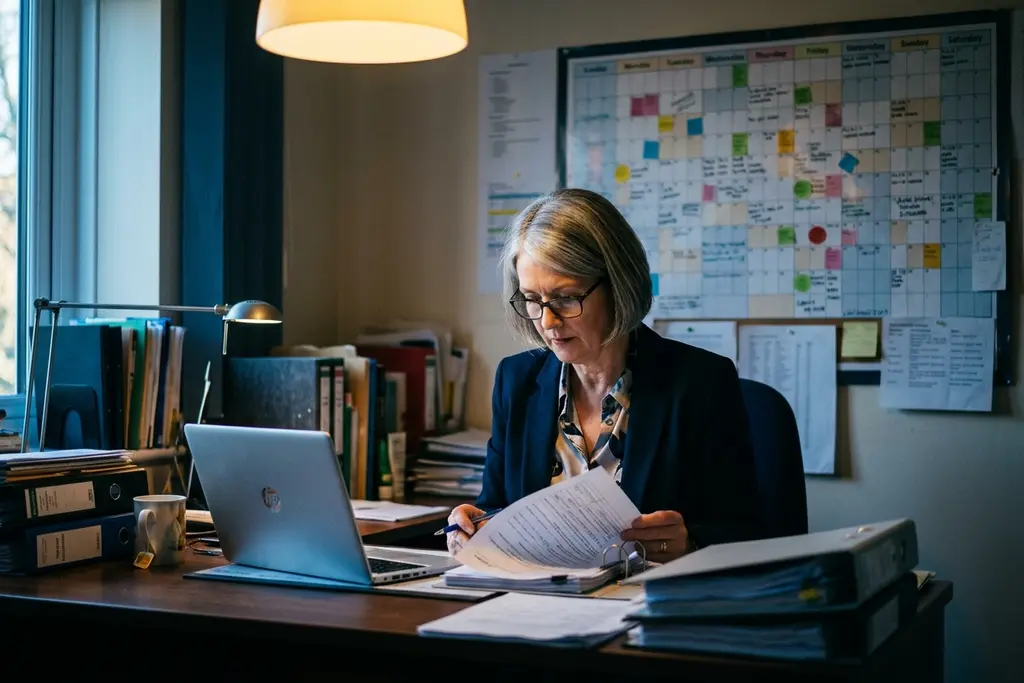 Care home manager reviewing staffing and compliance paperwork in the home office