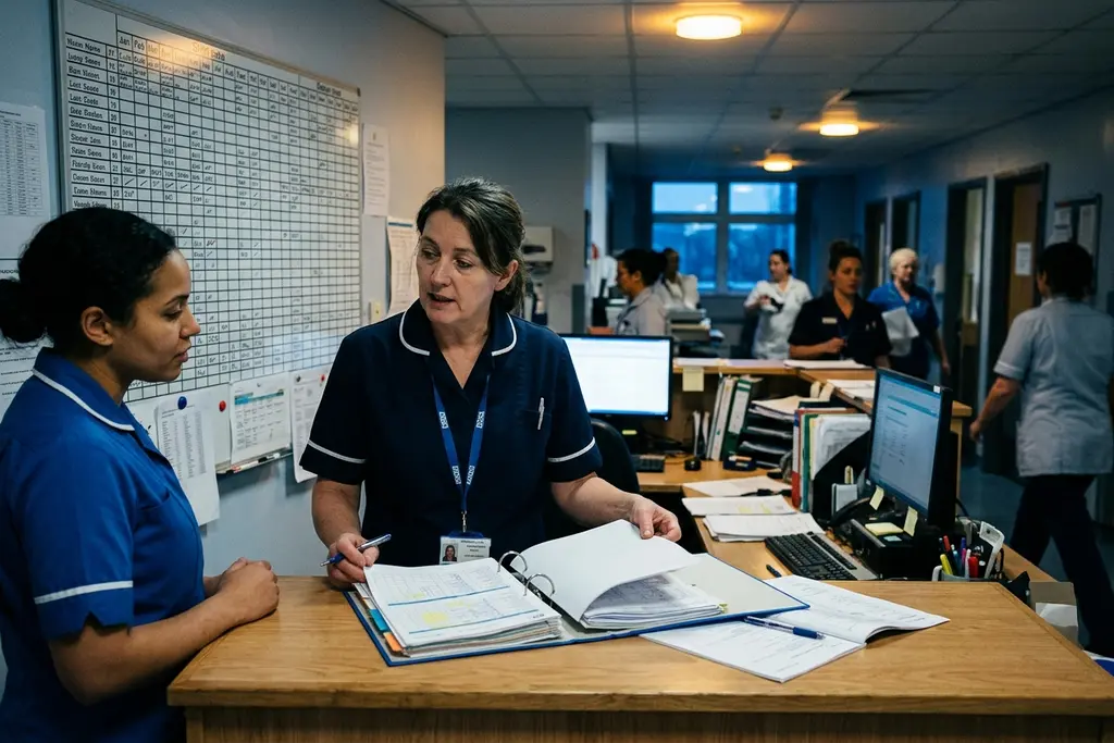 Deputy care home manager checking the rota and care plans at the nurses station