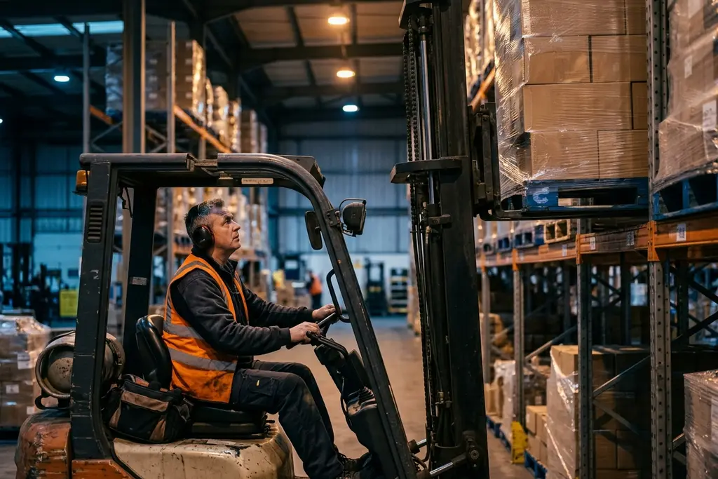 Forklift operator moving a pallet of stock in a distribution centre aisle