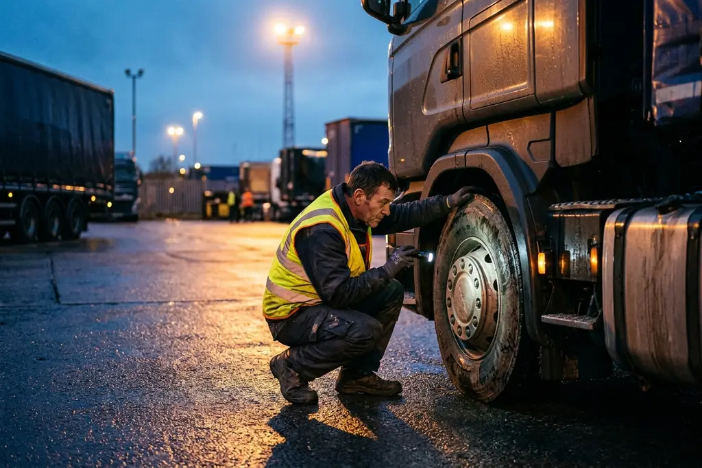 HGV class 1 driver doing a walkaround check on an articulated lorry before a run