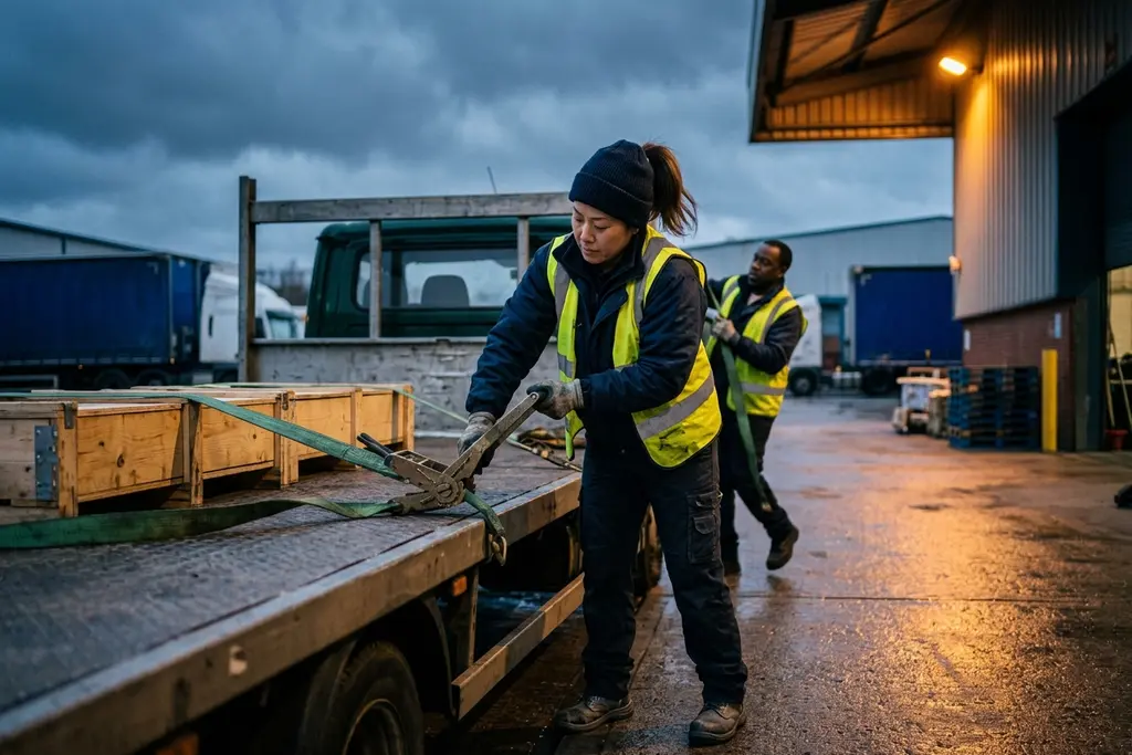HGV class 2 driver securing a load on a rigid lorry at a depot