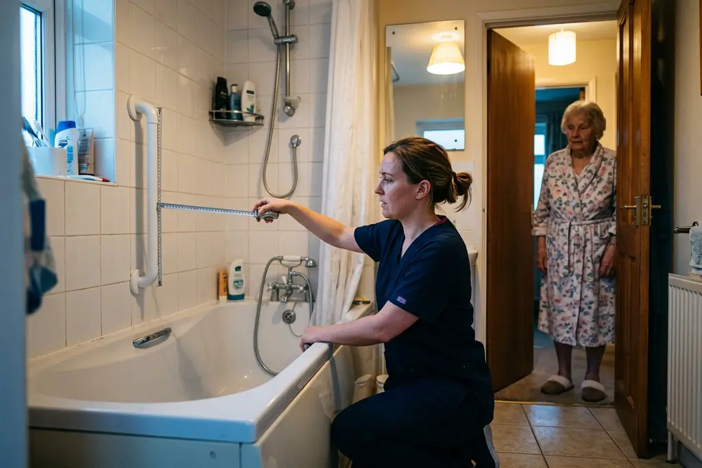 Occupational therapist fitting a grab rail and checking equipment in a client home