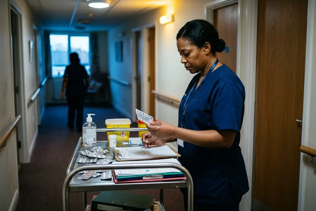 Registered nurse preparing a medication round from the trolley in a nursing home