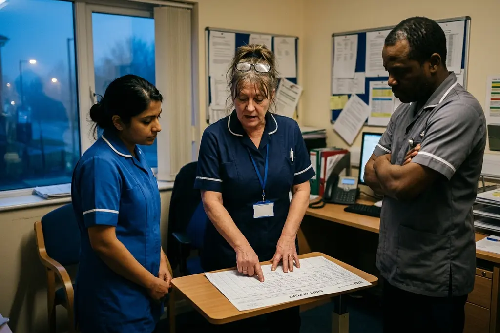Senior care assistant leading a shift handover with the care team