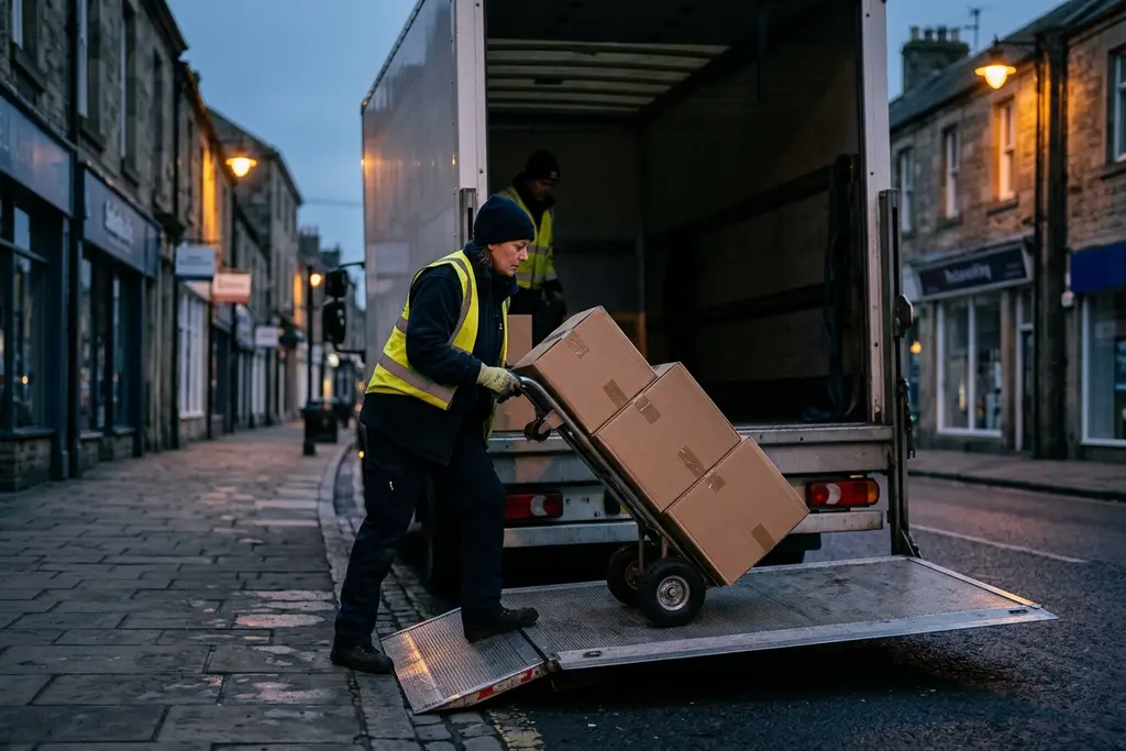 7.5 tonne driver loading a delivery from the tail lift of a box lorry
