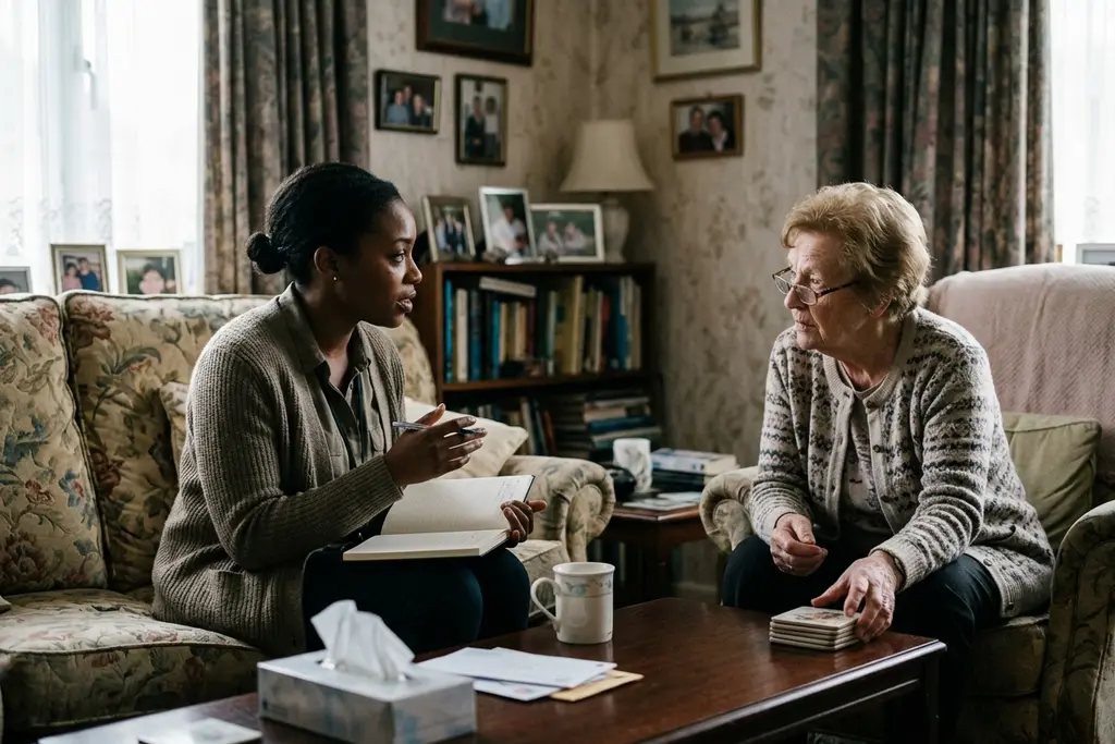 Social worker on an assessment visit, talking with an older adult at home