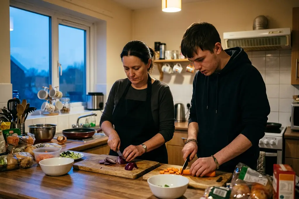 Support worker helping an adult prepare a meal in a supported living kitchen