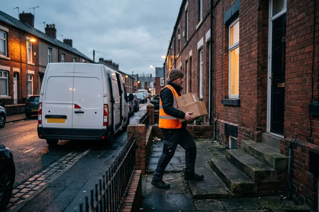 Multi-drop van driver carrying parcels up a garden path on a delivery round