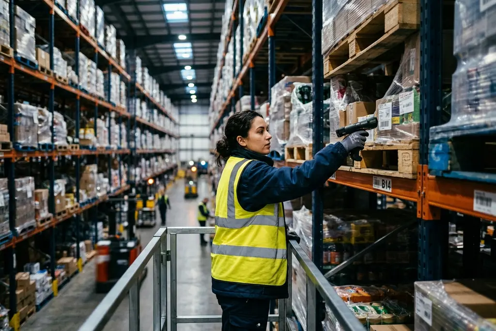 Warehouse operative picking stock from racking with a handheld scanner