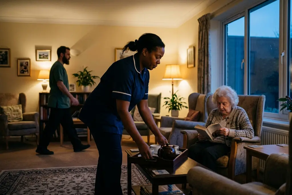 Care staff and residents in a care home lounge during the early shift
