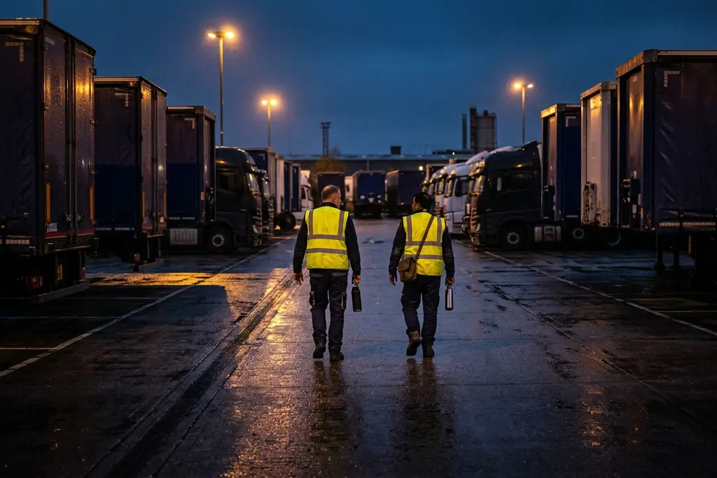 Drivers walking to their lorries in a haulage yard before dawn, hi-vis under the yard lights